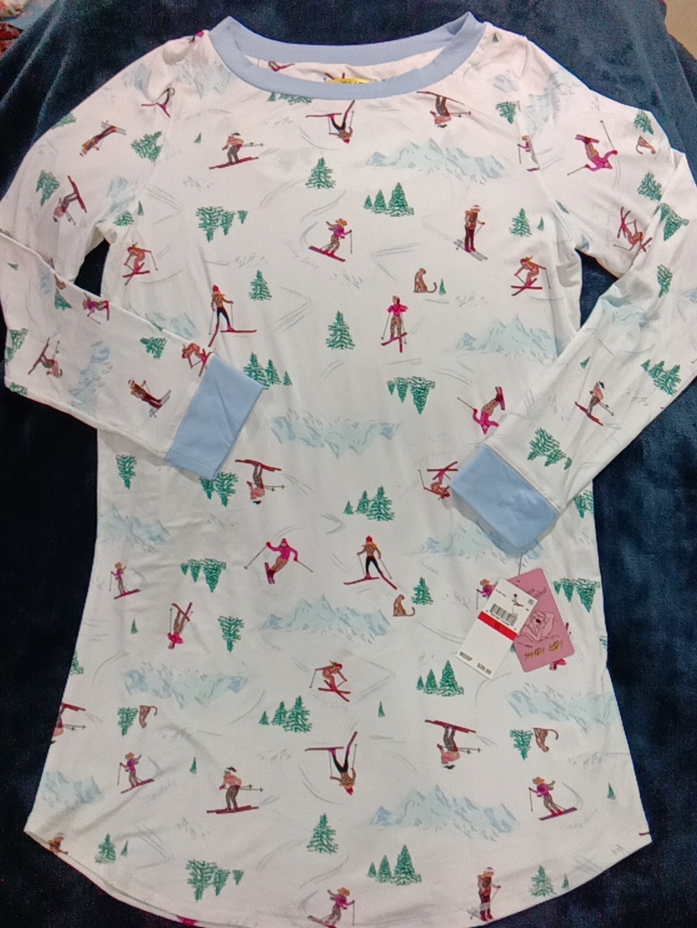 Women’s Light Blue Ski-Print Long Sleeve Pajama Nightgown